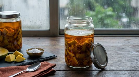 Glass barni of mango achaar with a thin white film on the oil surface, next to a sealed jar with clean oil, raw mango pieces, rock salt and a dry steel spoon on a teak counter in monsoon light