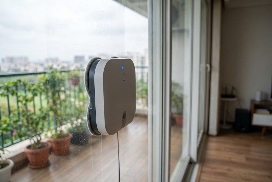 Window cleaning robot suction-mounted on a glass balcony door in an Indian apartment