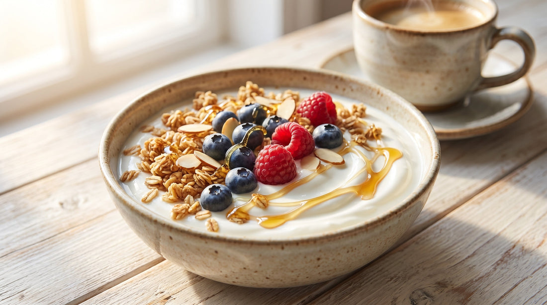 Colourful yogurt bowl with granola fresh fruit nuts and honey drizzle on Indian kitchen table