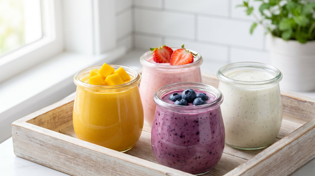 Colourful bowls of homemade flavoured yogurt with strawberry mango and blueberry toppings on an Indian kitchen counter