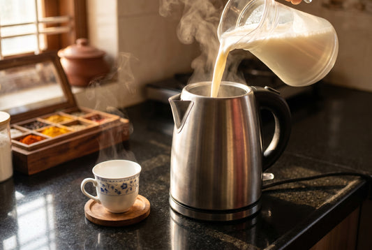 Milk being poured into multicook kettle for chai - can you boil milk in electric kettle