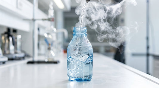 Borosilicate glass bottle with boiling water and steam