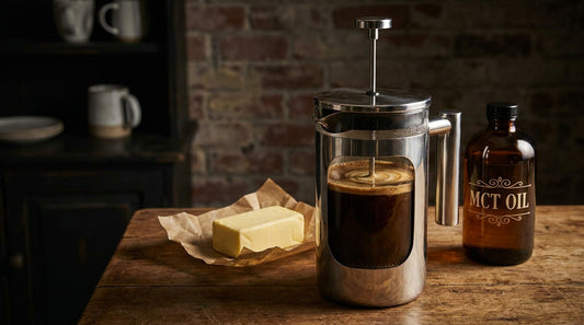 Bulletproof coffee being pressed in a french press with butter and MCT oil nearby