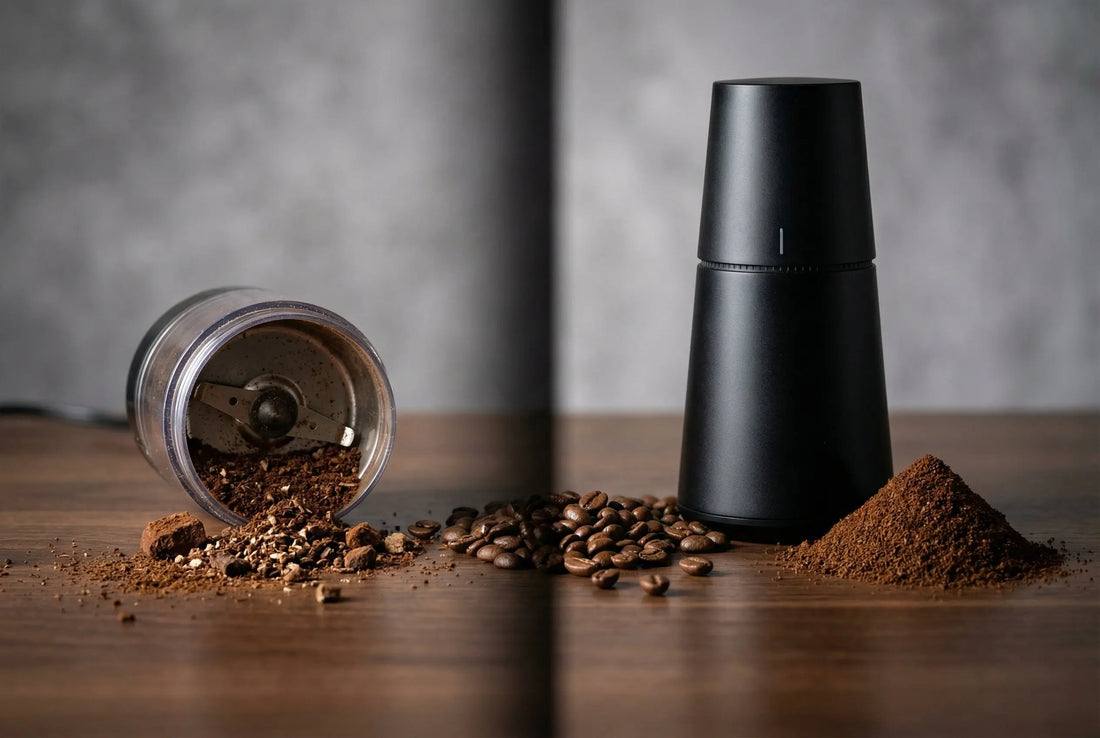 Burr grinder vs blade grinder comparison showing uniform and uneven coffee grinds side by side