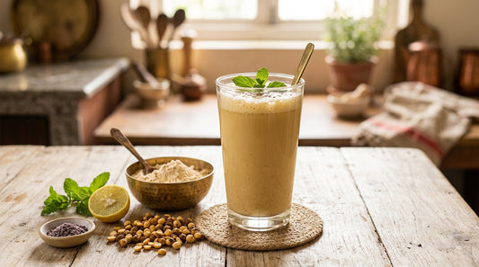 Glass of sattu drink for weight loss with roasted chana, sattu flour, lemon and black salt on a kitchen table