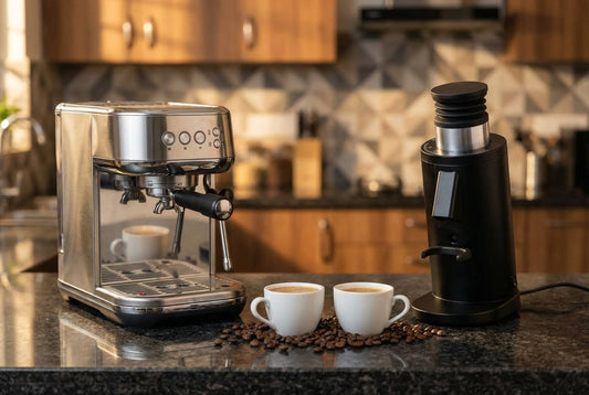 Espresso machine and conical burr coffee grinder side by side with espresso cups on granite countertop
