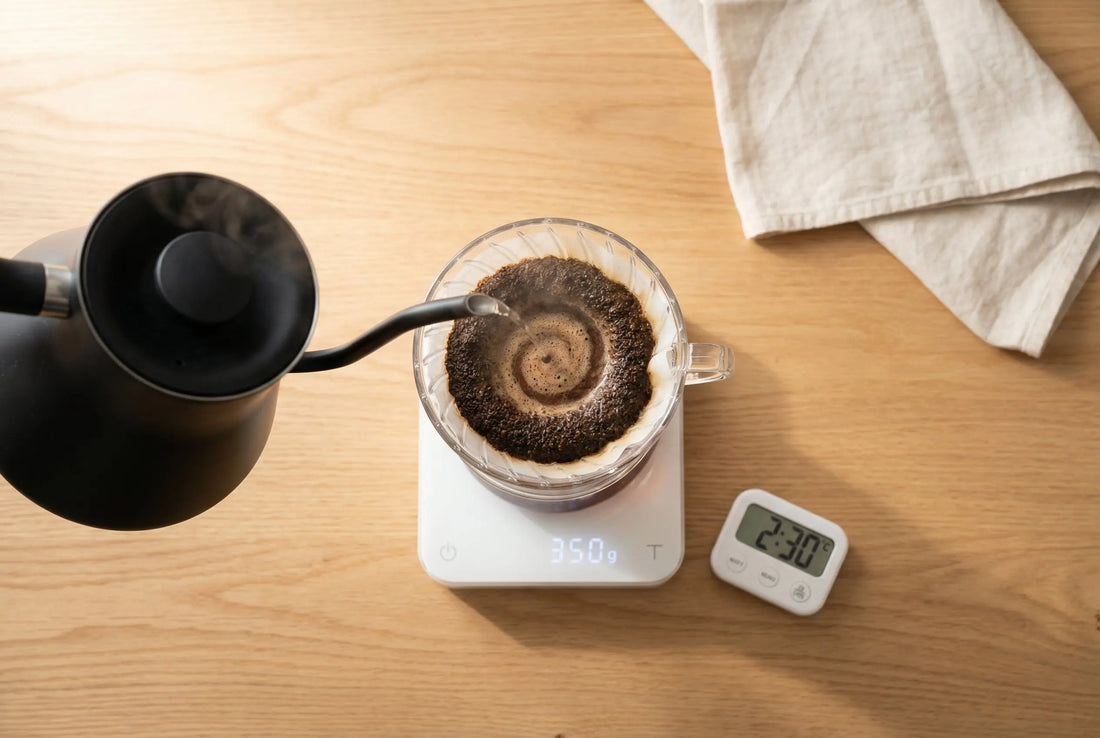 Pour over coffee step by step brewing with gooseneck kettle and scale