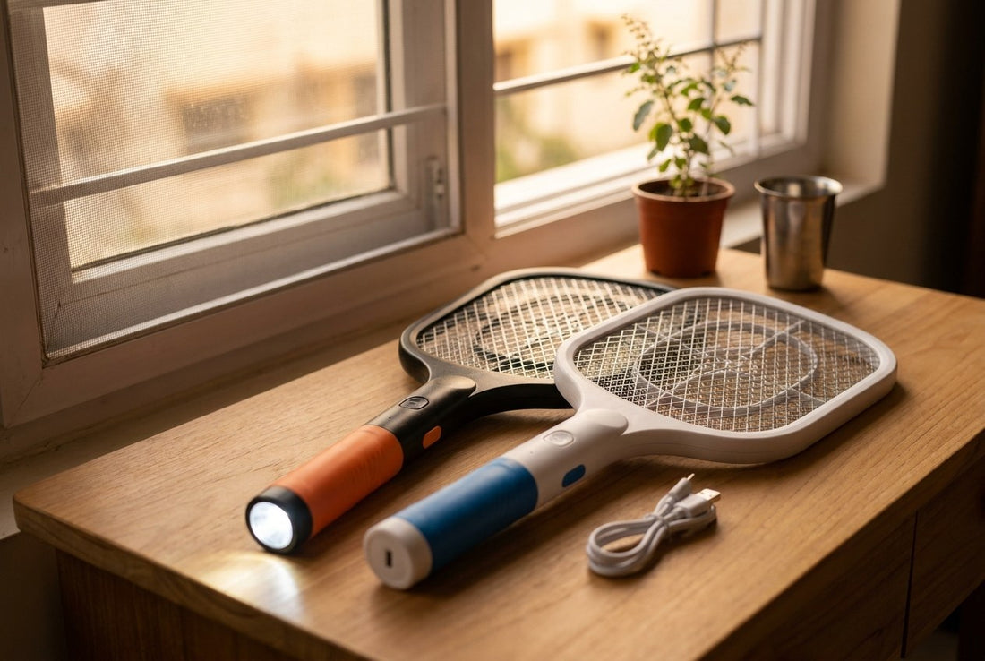 Best mosquito racket in India: two rechargeable mosquito bats with three-layer mesh and LED torch on a wooden table by a window with a mosquito screen