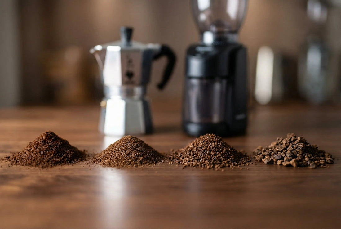 Moka pot coffee grind sizes from fine to coarse comparison