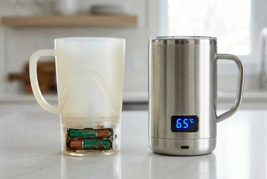 Self stirring coffee mug rechargeable vs battery comparison - InstaCuppa