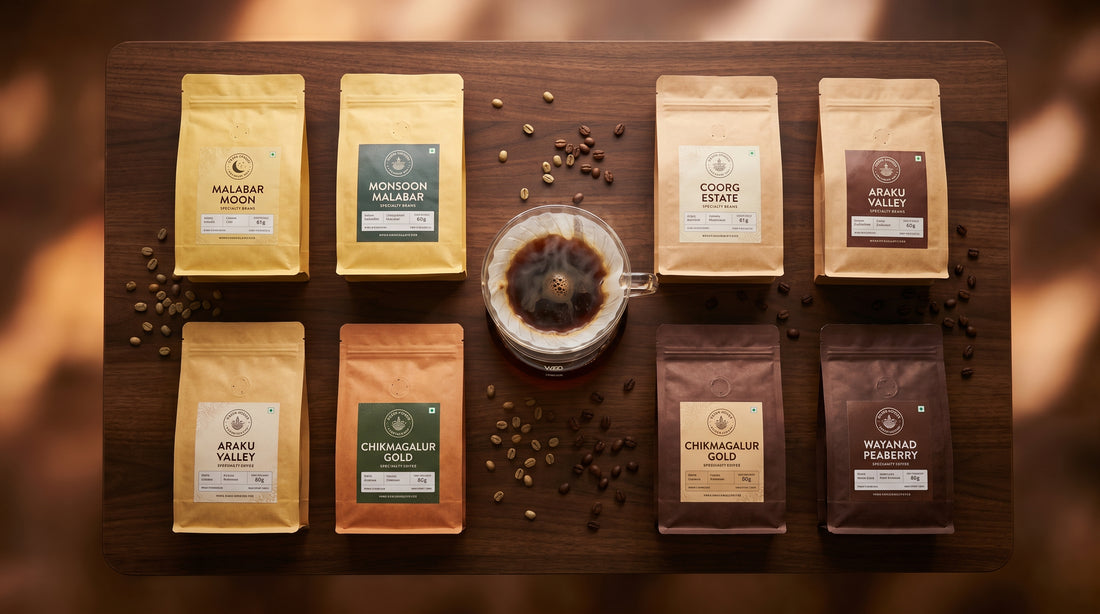 8 bags of specialty Indian coffee beans arranged for pour over brewing