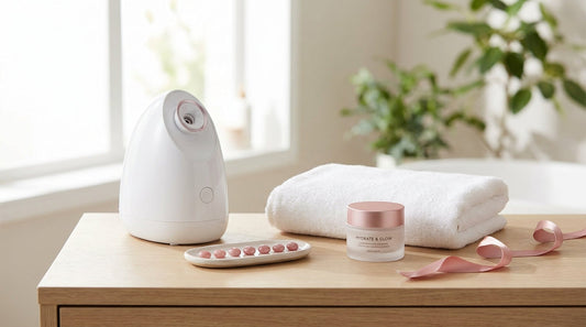 A facial steamer beside seven small markers, a towel and a moisturizer jar