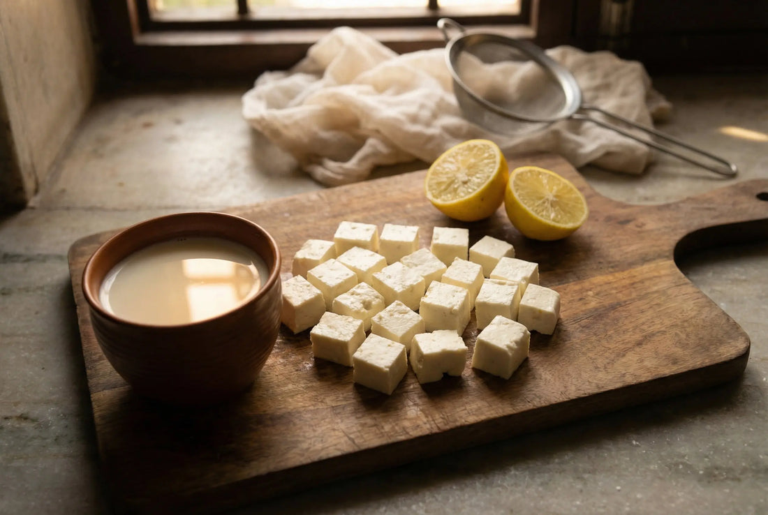Fresh homemade paneer cubes on cutting board with milk and lemon