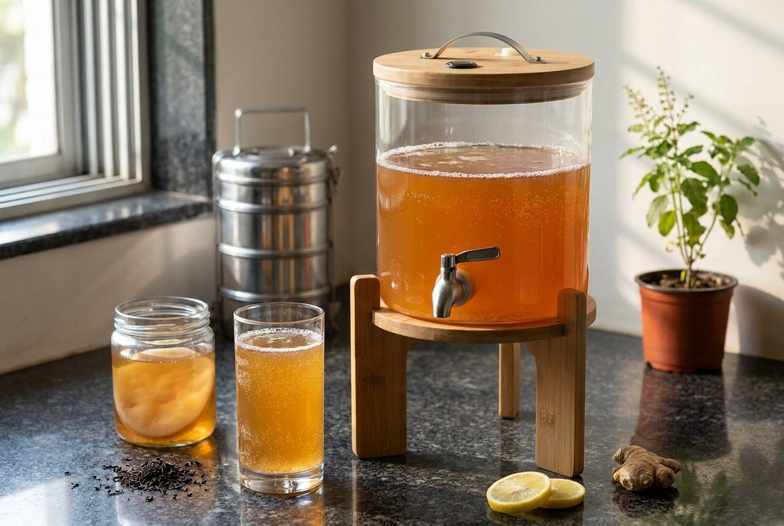 Kombucha side effects: amber kombucha in a borosilicate glass dispenser with a steel tap, a fizzy glass of kombucha and a SCOBY jar on an Indian kitchen granite counter