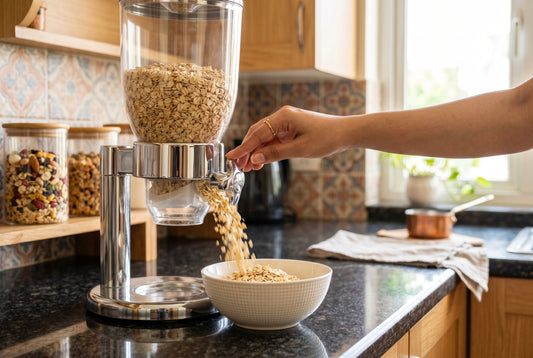 Cereal dispenser dispensing oats into breakfast bowl