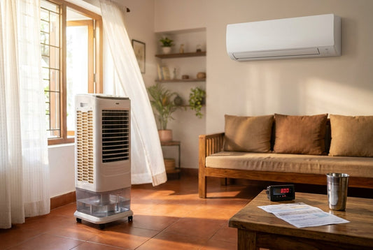 Air cooler vs AC in India: a tower air cooler by an open window and a wall-mounted split AC above a sofa, with an electricity meter display and power bill on the table - InstaCuppa