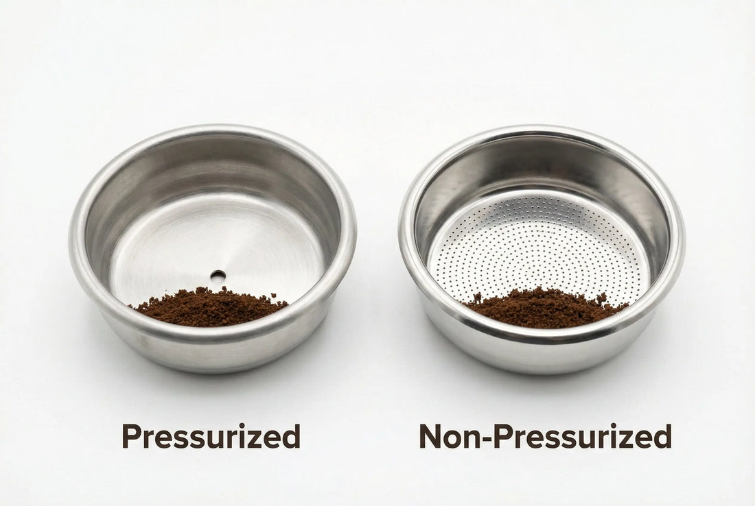 Pressurized and non-pressurized espresso portafilter baskets showing bottom hole patterns