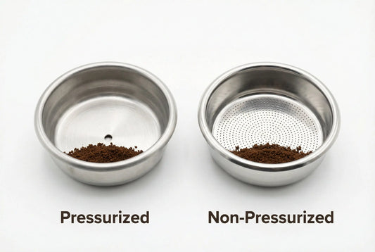Pressurized and non-pressurized espresso portafilter baskets showing bottom hole patterns