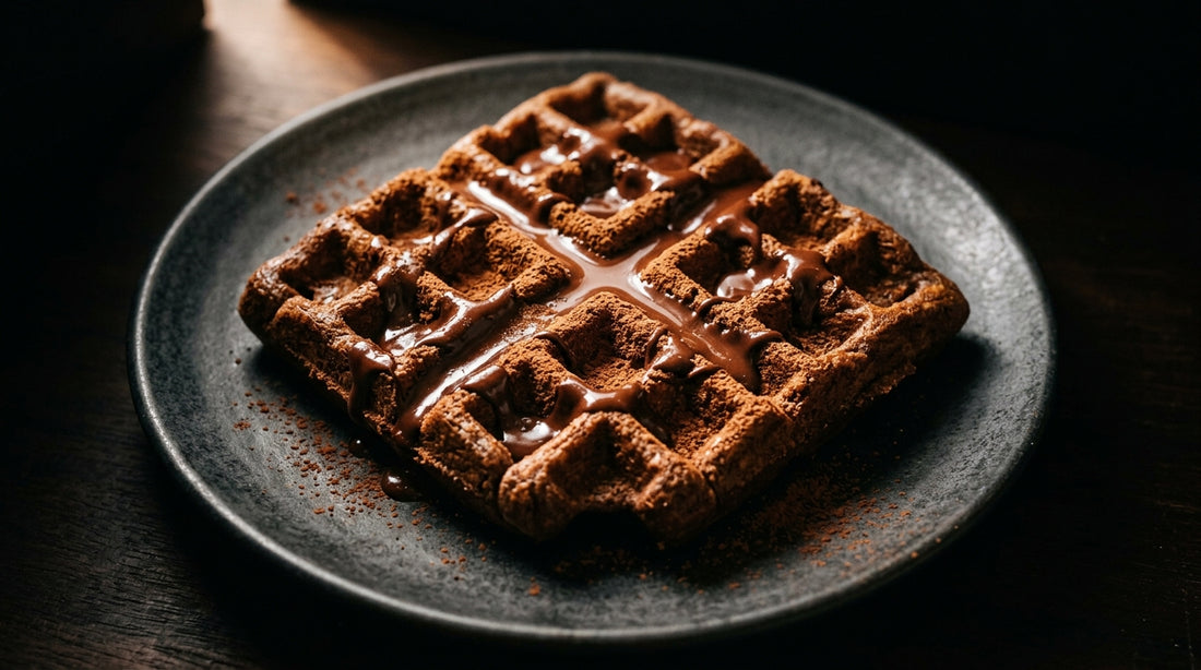 Rich chocolate waffle with melted chocolate drizzle