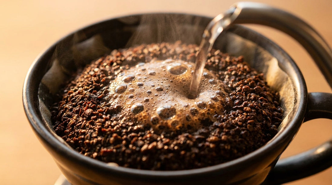 Coffee grounds blooming with CO2 bubbles in pour over dripper