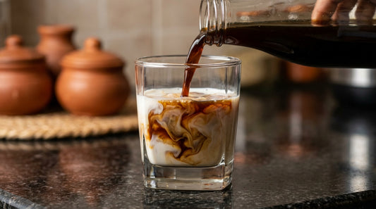Dark cold brew concentrate being diluted with milk in glass