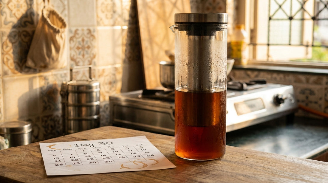InstaCuppa cold brew maker on counter with calendar showing 30 days