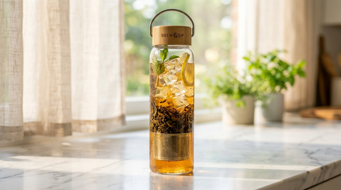 Cold brew tea in glass infuser bottle with ice
