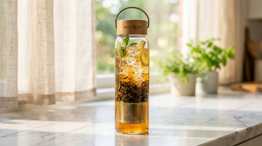 Cold brew tea in glass infuser bottle with ice