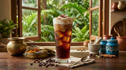 Iced cold coffee in a tall glass with ice cubes, Indian kitchen setting with warm lighting