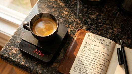 Coffee cup next to scale and brew notes notebook