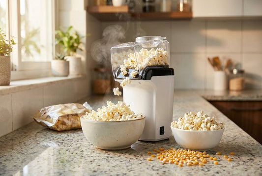 InstaCuppa hot air popcorn maker popping fresh air-popped popcorn in an Indian kitchen, showing the disadvantages of eating popcorn the unhealthy way