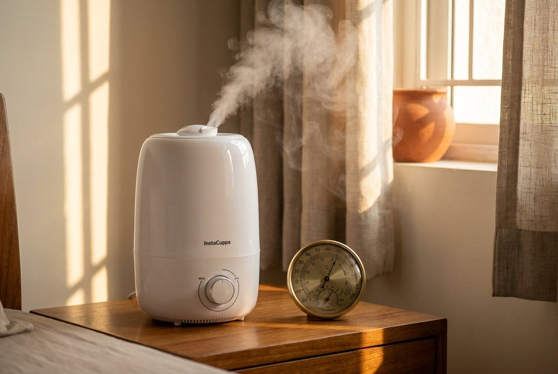 Does a humidifier cool the room — InstaCuppa cool mist humidifier beside a room thermometer in a warm Indian bedroom