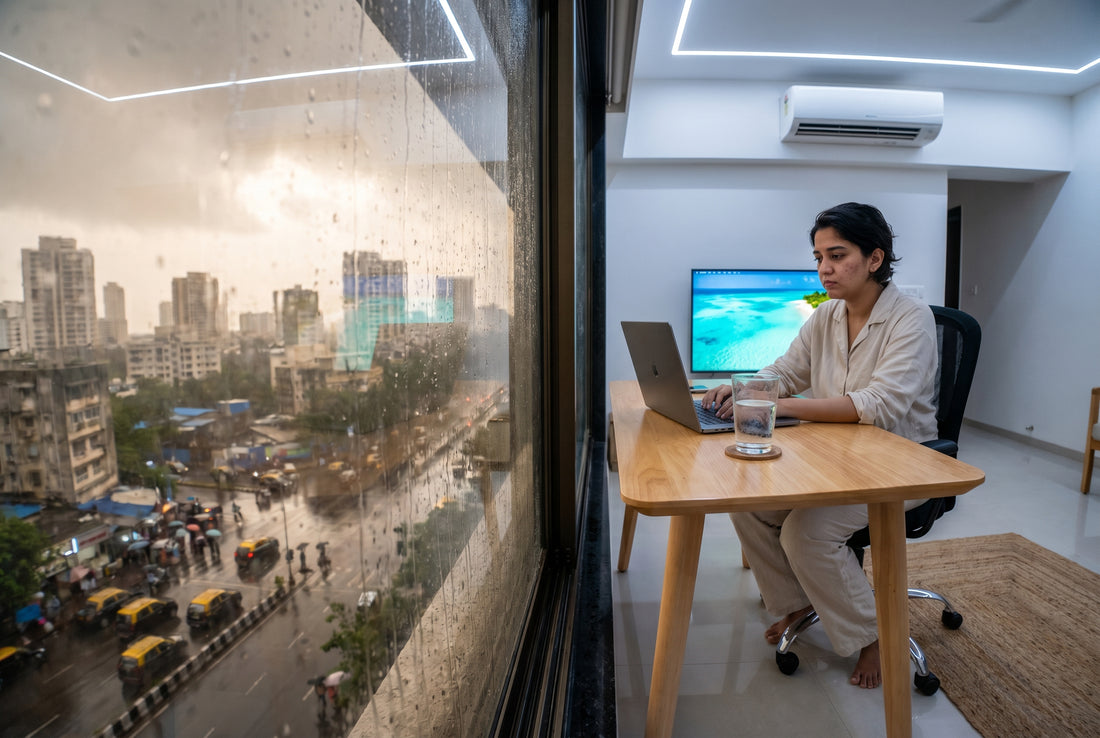 Mumbai humid outside vs dry AC room inside contrast visual