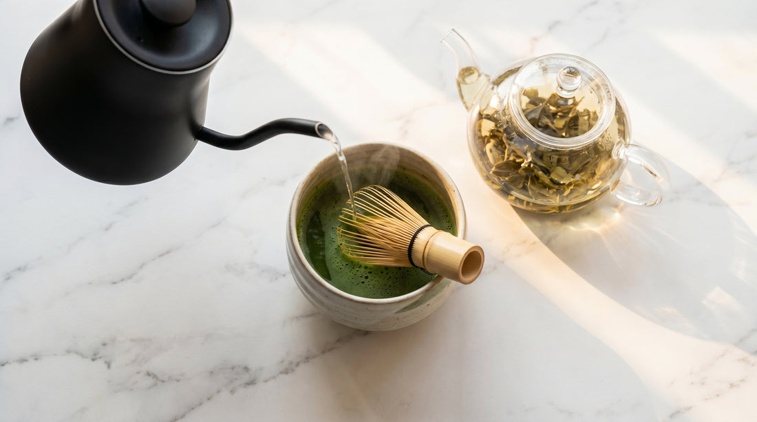 Gooseneck kettle pouring water into matcha bowl with green tea
