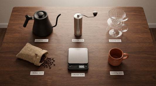 Complete home pour over coffee station with gooseneck kettle grinder dripper scale and beans