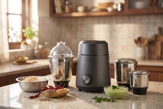 Best mixer grinder in India: a stainless steel mixie with wet, dry and chutney jars beside soaked dal, whole spices and green chutney on a kitchen counter - InstaCuppa