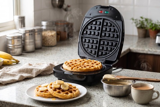 Prestige waffle maker review: an open black electric Belgian-style waffle maker with a golden waffle on the plate, banana-topped waffles and masala chai on an Indian kitchen counter - InstaCuppa