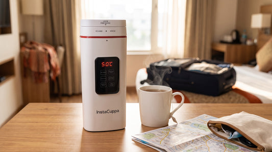 Portable electric kettle for travel: InstaCuppa 500 ml white portable kettle with temperature control on a hotel room desk beside a mug of hot tea, a travel pouch and a packed suitcase - InstaCuppa