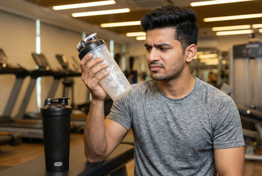Electric protein shaker problems - frustrated gym-goer looking at lumpy manual shaker with electric shaker beside him