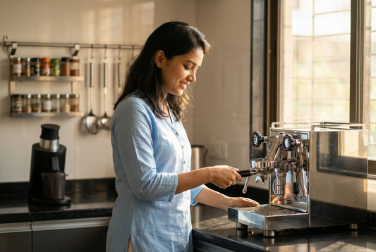 Indian woman making espresso at home with Morphy Richards machine and conical burr grinder