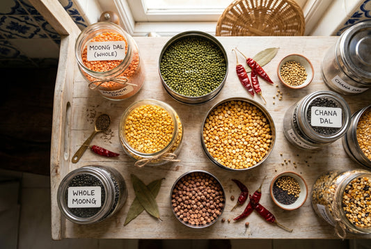 Various Indian dals stored in organized containers