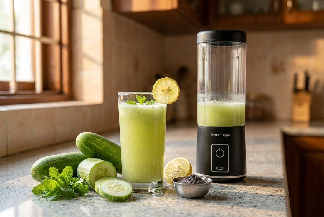 Cucumber juice with mint and lemon in a tall glass beside sliced kheera, fresh mint, black salt and the InstaCuppa Portable Blender Bottle on a kitchen counter