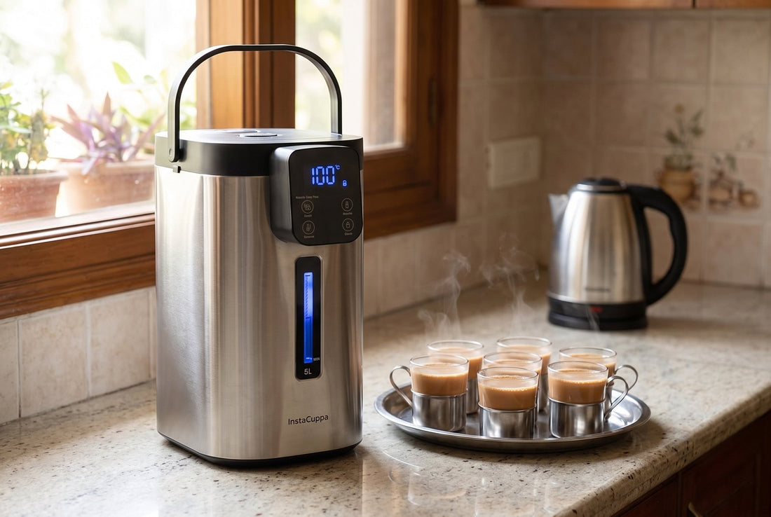 InstaCuppa 5 litre electric kettle dispenser on a granite kitchen counter beside a steel tray of six cups of hot chai, with a small 1.5 litre kettle behind for size