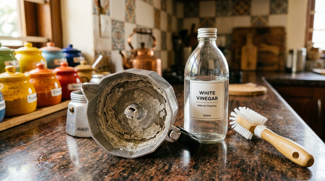 Moka pot with limescale and vinegar for descaling in Indian kitchen