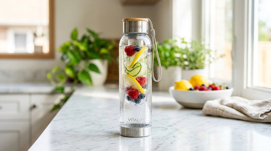 Fruit infuser water bottle with colorful fruits inside