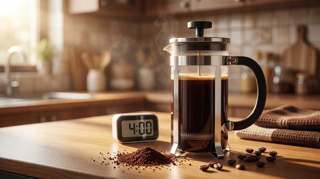 InstaCuppa French Press coffee maker with a 4-minute brew timer on a kitchen counter