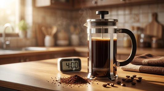 InstaCuppa French Press coffee maker with a 4-minute brew timer on a kitchen counter