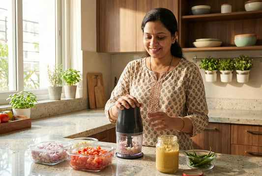 Indian mom doing 10-minute meal prep with kitchen chopper