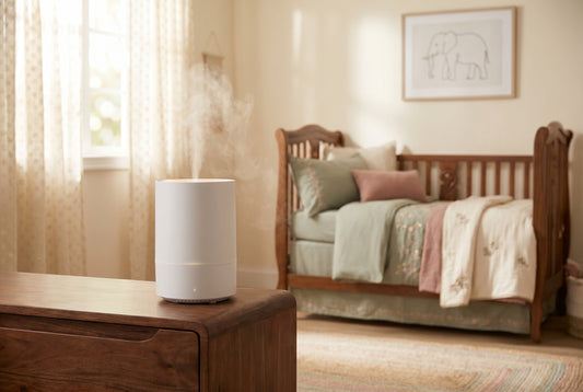 Humidifier in beautiful baby nursery with soft lighting and pastel colors