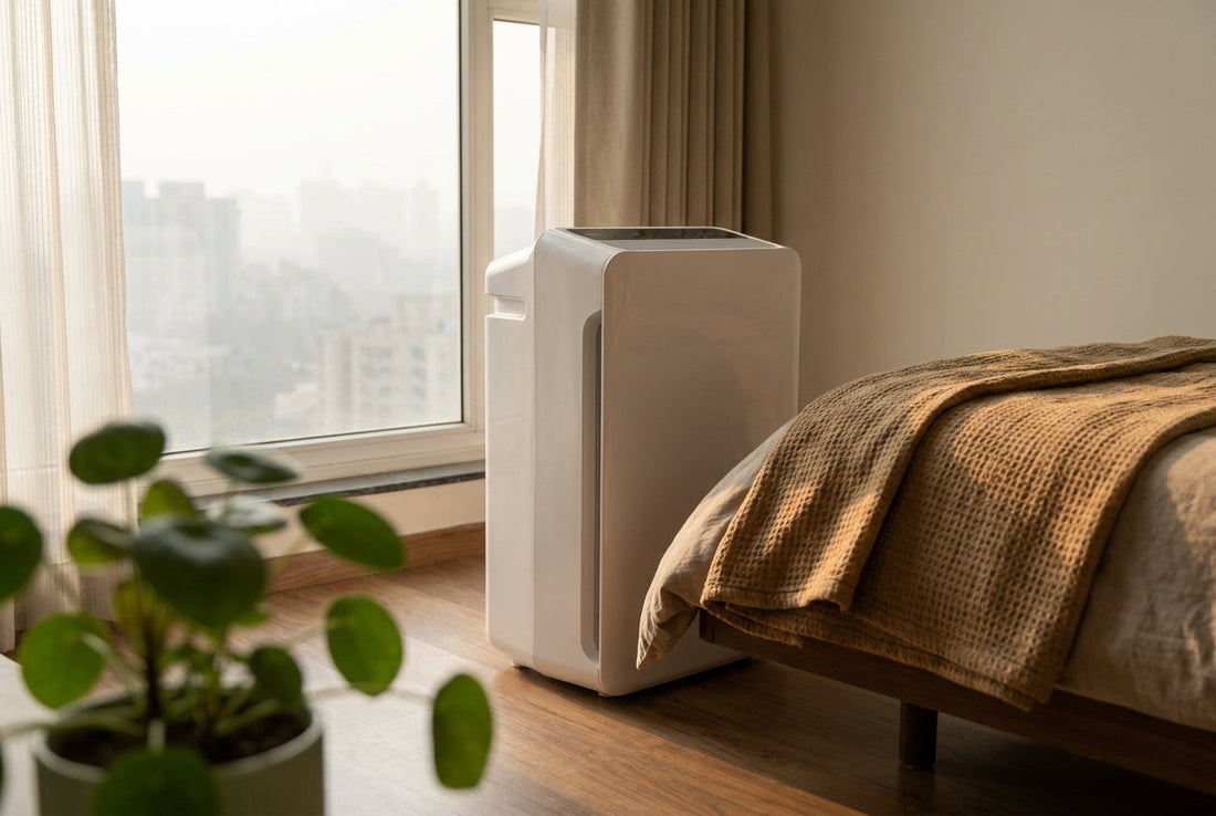 White air purifier by a bedroom window showing hazy city air outside in soft morning light